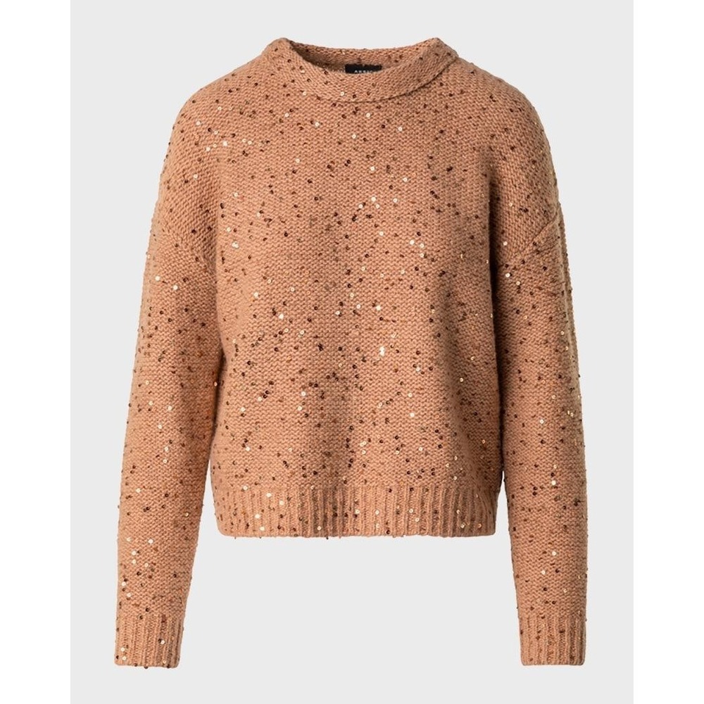 Akris Womens US 14 Wool Cashmere Sequin Sweater Brown Tan Luxury Knit Pullover